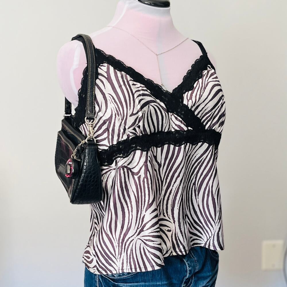 NWT VTG 90s Victor Carlini | Black + White Zebra Print Lace Trim Cami  | XL